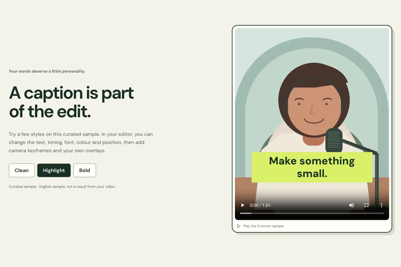 Cutroom’s public caption-style preview, with Clean, Highlight, and Bold controls beside its illustrated sample video.