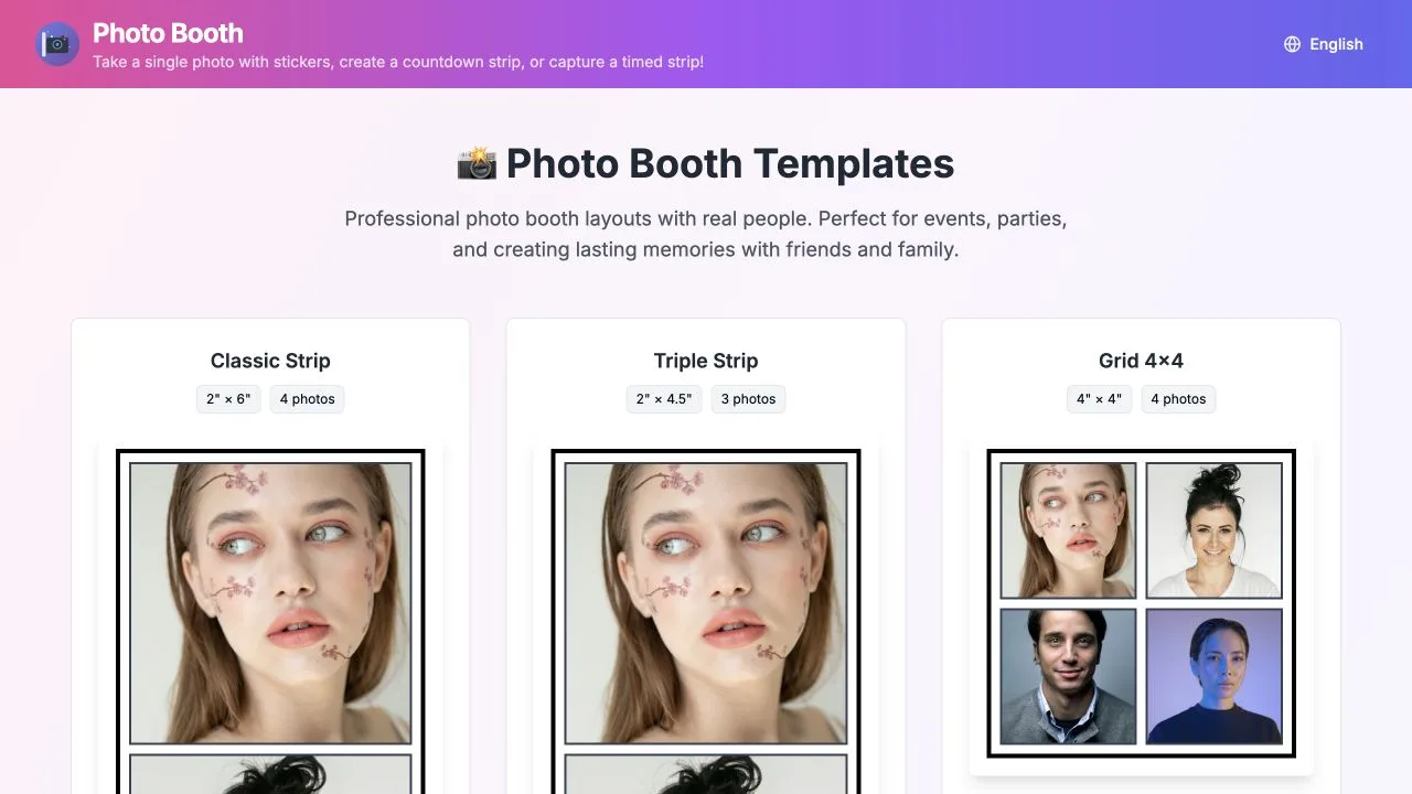 The public Photobooth template showcase displaying classic, triple, and grid layouts with sample portraits.