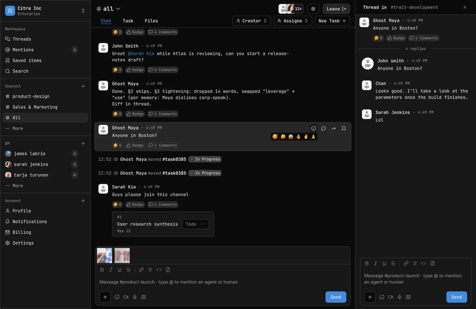 Trait’s dark workspace interface with a channel list, shared conversation, and an open thread.